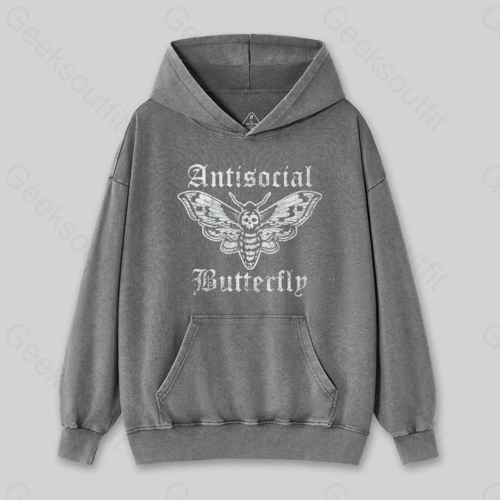 Funny Antisocial Butterfly Washed Hoodie Gray / S