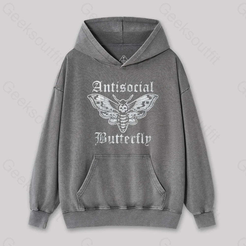 Funny Antisocial Butterfly Washed Hoodie Gray / S