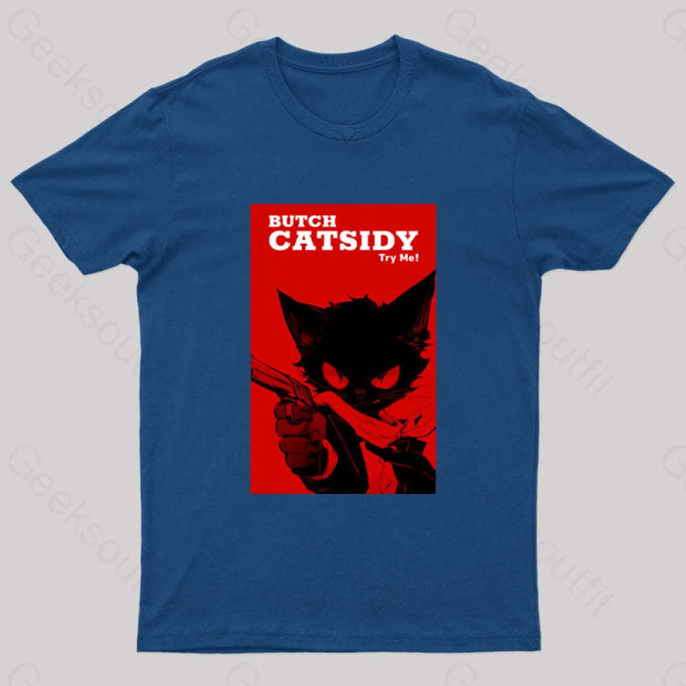 Funny Cat Pun Butch Catsidy Geek T-Shirt Navy / S