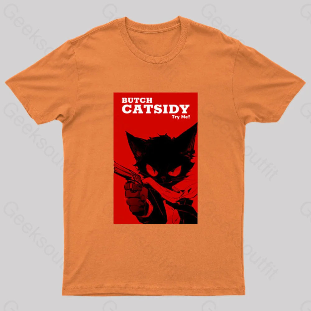 Funny Cat Pun Butch Catsidy Geek T-Shirt Orange / S