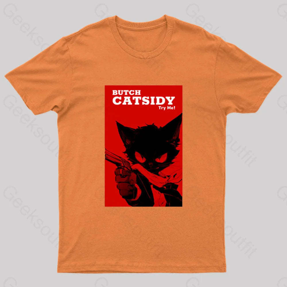 Funny Cat Pun Butch Catsidy Geek T-Shirt Orange / S