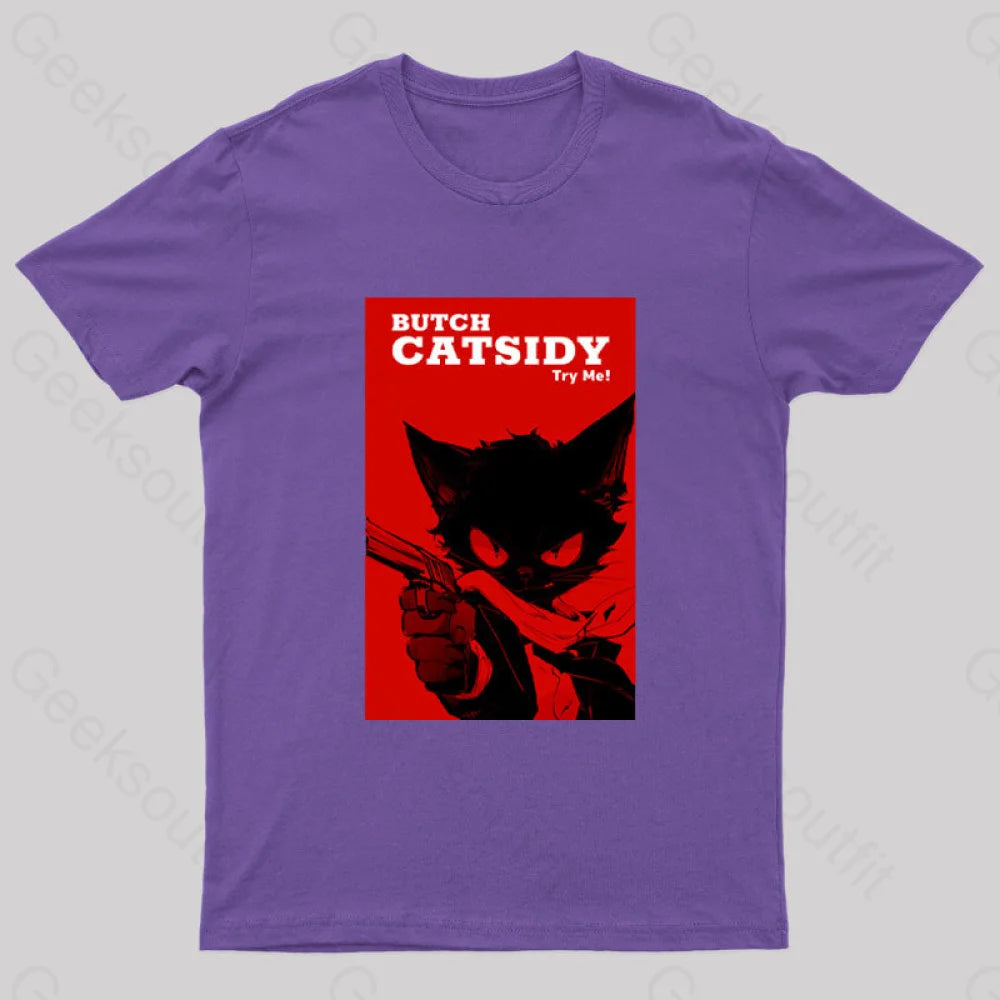 Funny Cat Pun Butch Catsidy Geek T-Shirt Purple / S