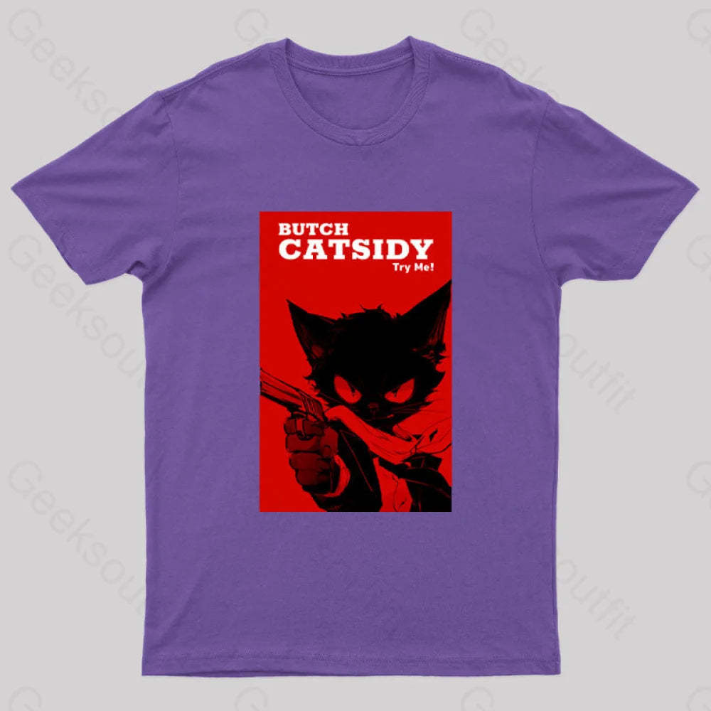 Funny Cat Pun Butch Catsidy Geek T-Shirt Purple / S