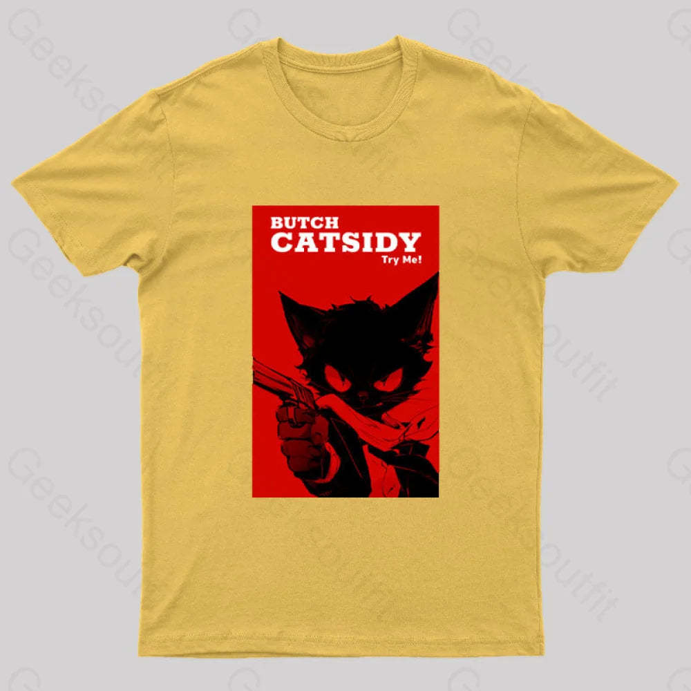 Funny Cat Pun Butch Catsidy Geek T-Shirt Yellow / S