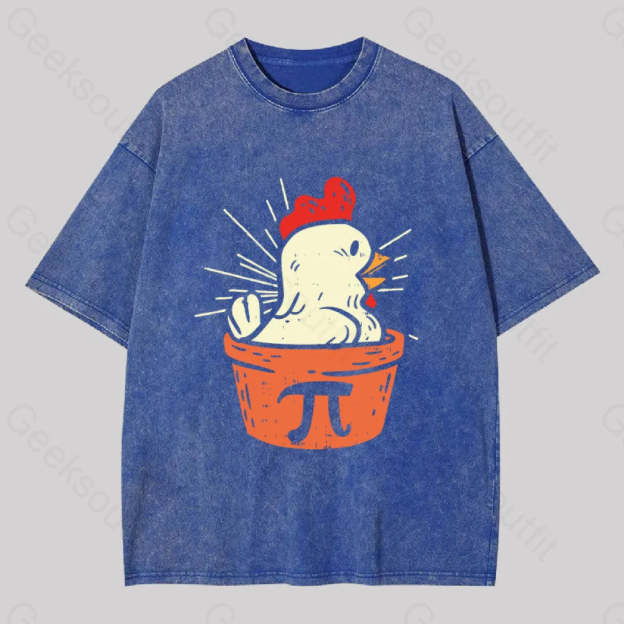 Funny Chicken Pot Pi Washed T-Shirt Blue / S