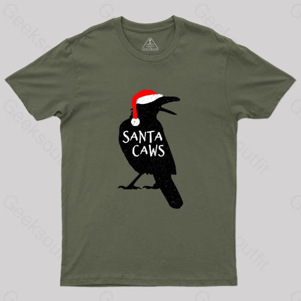 Funny Christmas Crow-Santa Caws T-Shirt Army Green / S