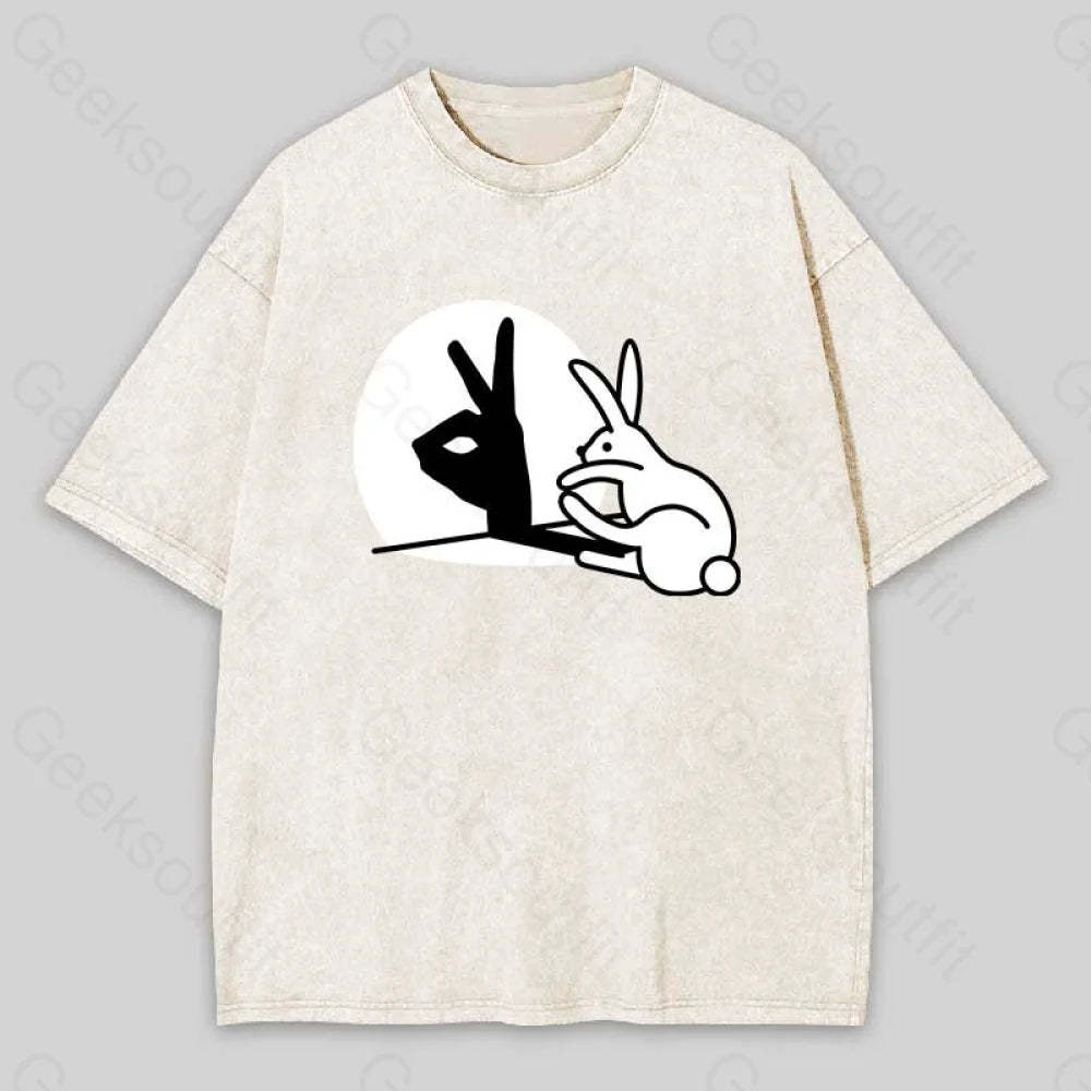 Funny Rabbit Hand Shadow Puppets Washed T-Shirt Apricot / S