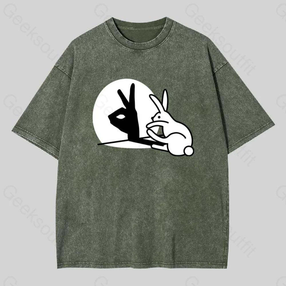 Funny Rabbit Hand Shadow Puppets Washed T-Shirt Army Green / S