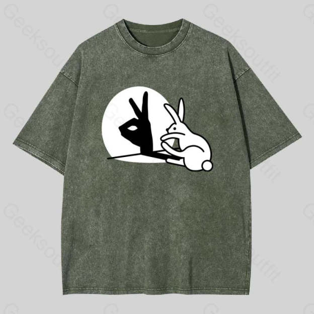 Funny Rabbit Hand Shadow Puppets Washed T-Shirt Army Green / S