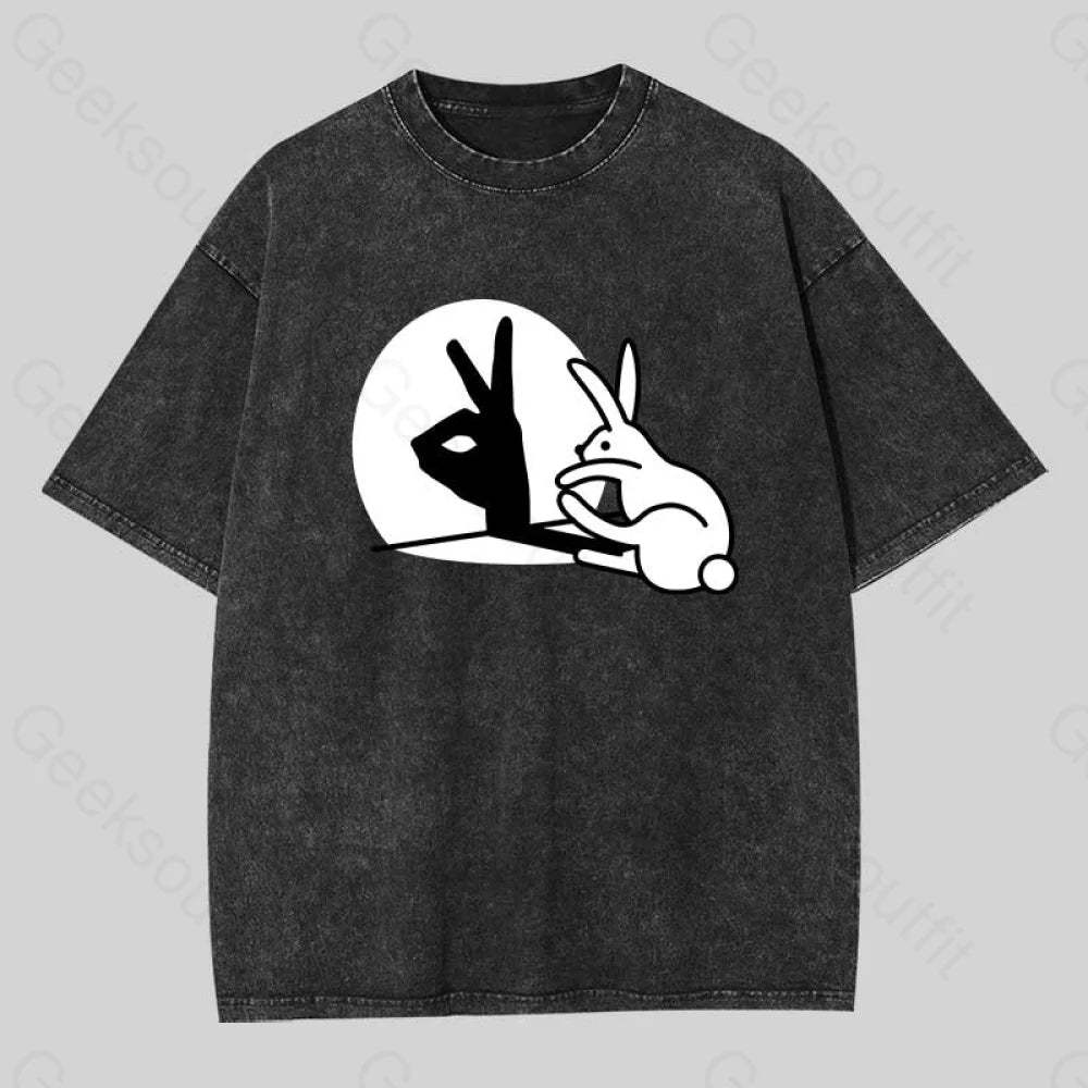 Funny Rabbit Hand Shadow Puppets Washed T-Shirt Black / S