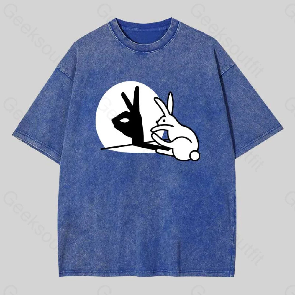 Funny Rabbit Hand Shadow Puppets Washed T-Shirt Blue / S