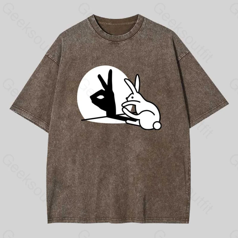 Funny Rabbit Hand Shadow Puppets Washed T-Shirt Coffee / S