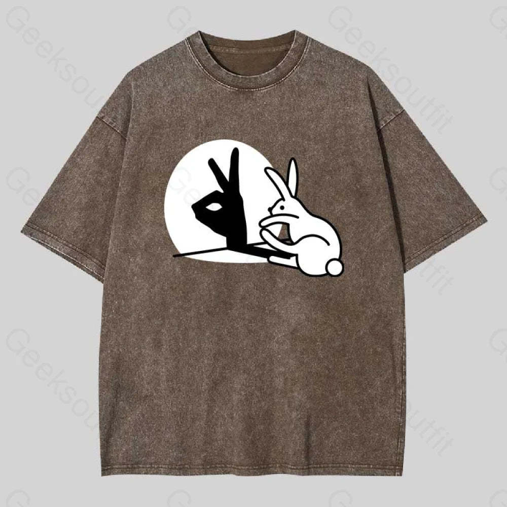 Funny Rabbit Hand Shadow Puppets Washed T-Shirt Coffee / S