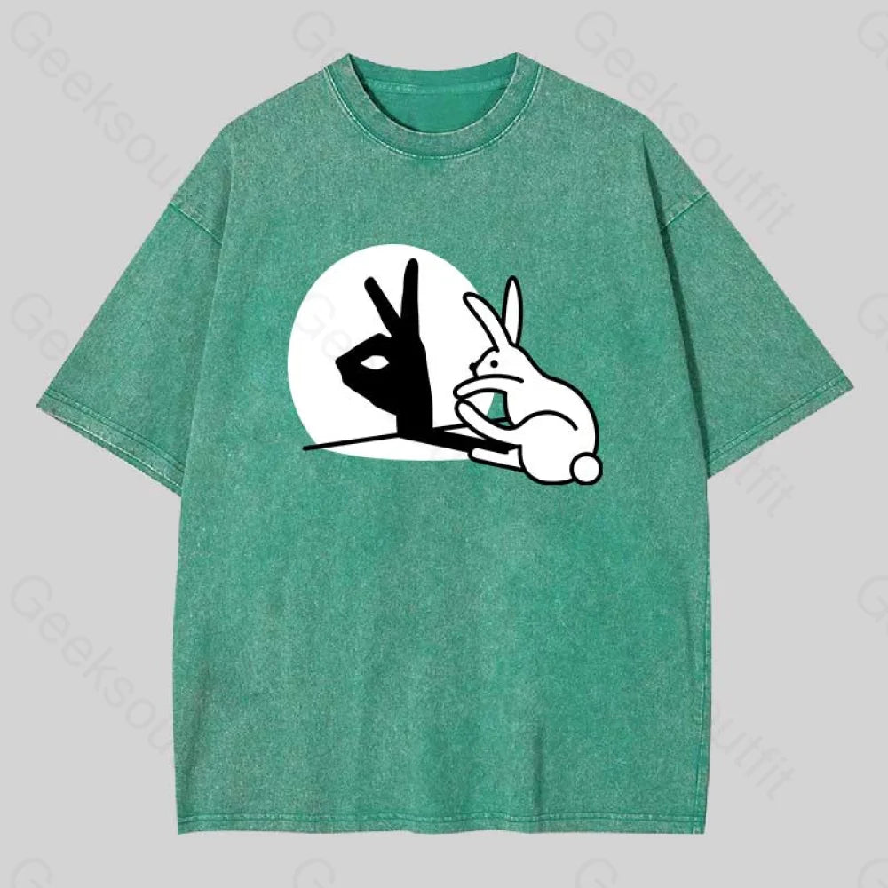 Funny Rabbit Hand Shadow Puppets Washed T-Shirt Grass Green / S
