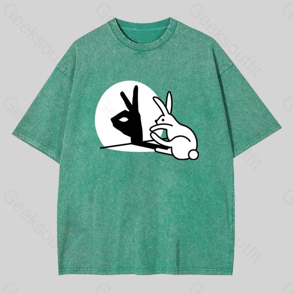 Funny Rabbit Hand Shadow Puppets Washed T-Shirt Grass Green / S