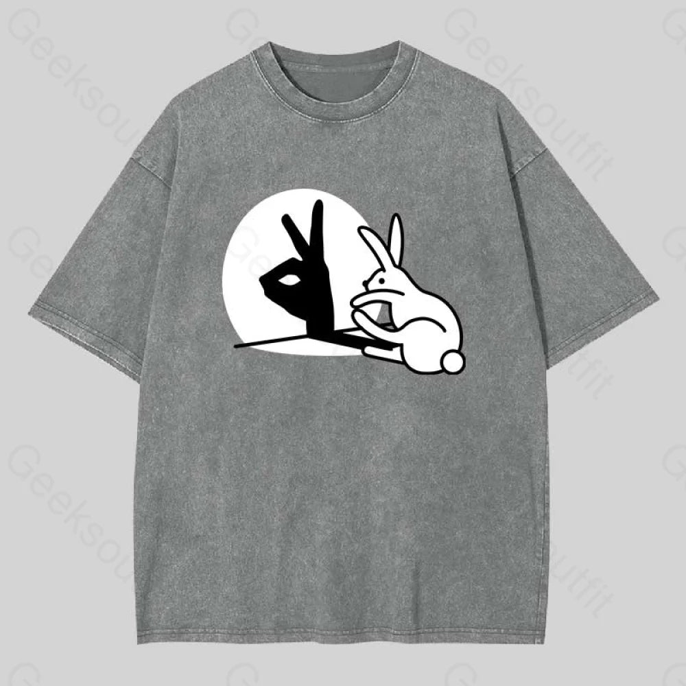 Funny Rabbit Hand Shadow Puppets Washed T-Shirt Grey / S