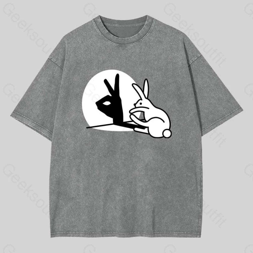 Funny Rabbit Hand Shadow Puppets Washed T-Shirt Grey / S