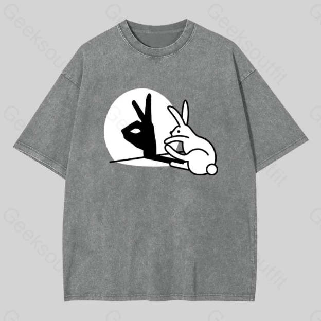 Funny Rabbit Hand Shadow Puppets Washed T-Shirt Grey / S