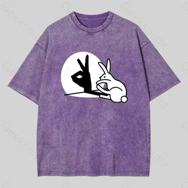Funny Rabbit Hand Shadow Puppets Washed T-Shirt Purple / S