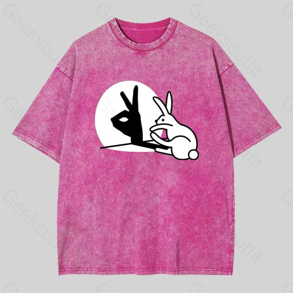 Funny Rabbit Hand Shadow Puppets Washed T-Shirt Rose Red / S