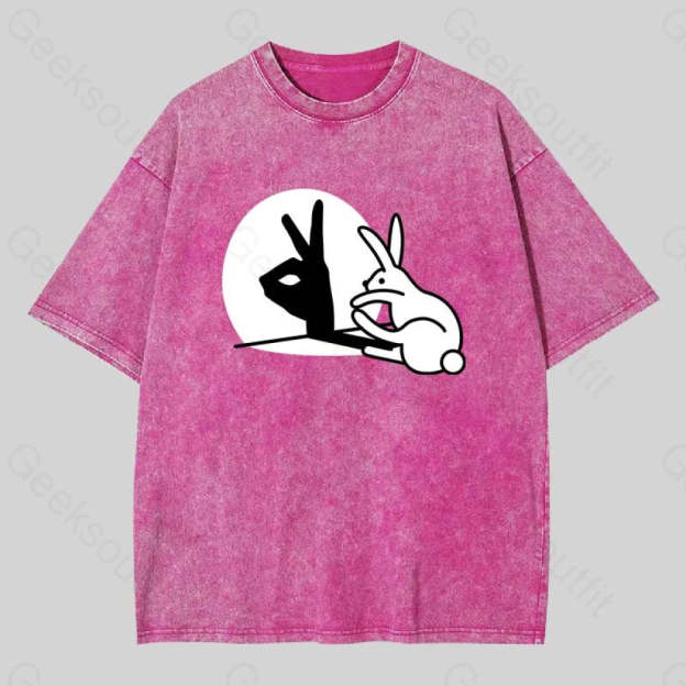 Funny Rabbit Hand Shadow Puppets Washed T-Shirt Rose Red / S