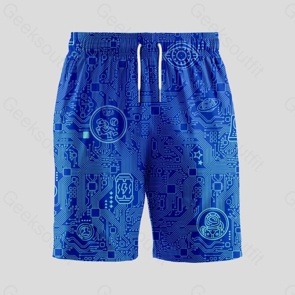 Geek Element Computer Circuit Board Blue Geeky Drawstring Shorts - Geeksoutfit