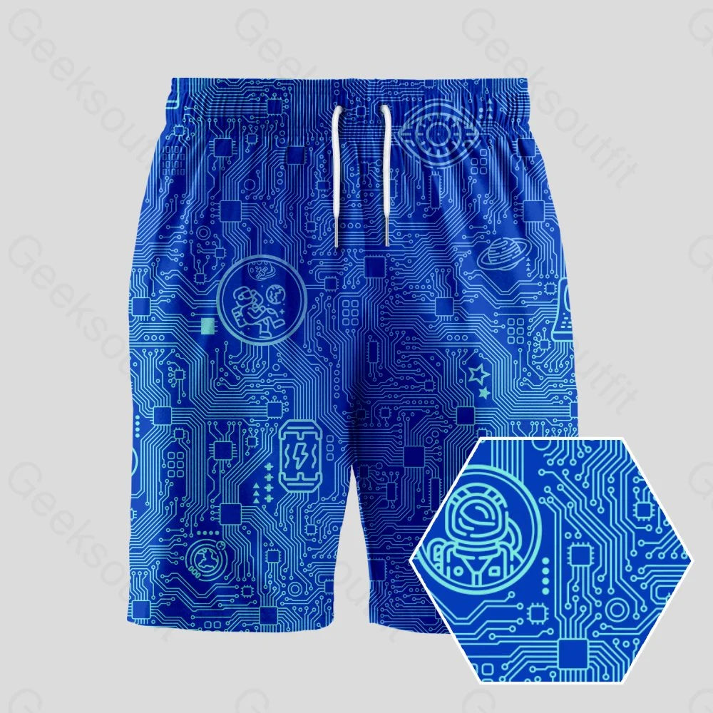 Geek Element Computer Circuit Board Blue Geeky Drawstring Shorts - Geeksoutfit