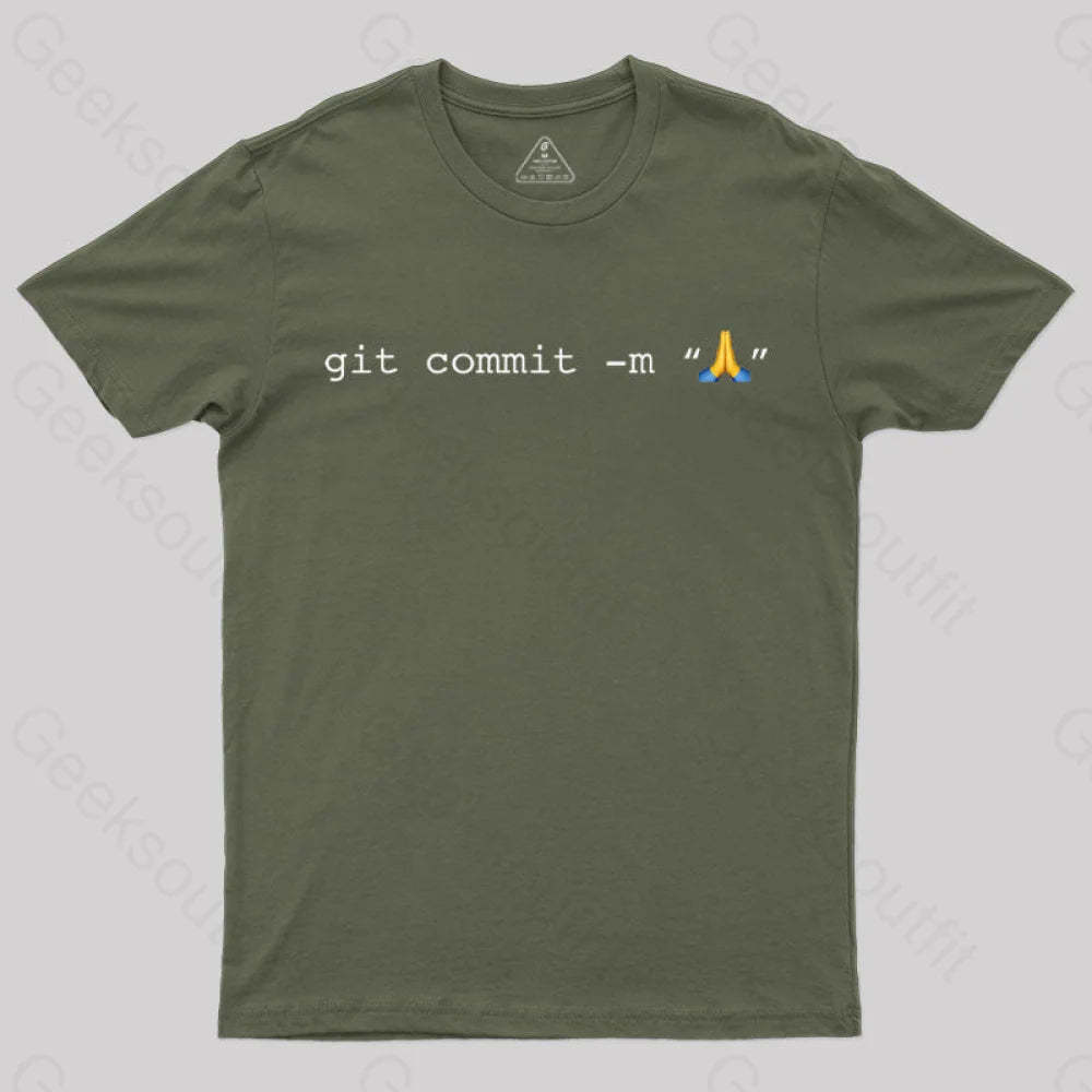 Git Commit Prayer Hands Emoji Nerd T-Shirt Army Green / S