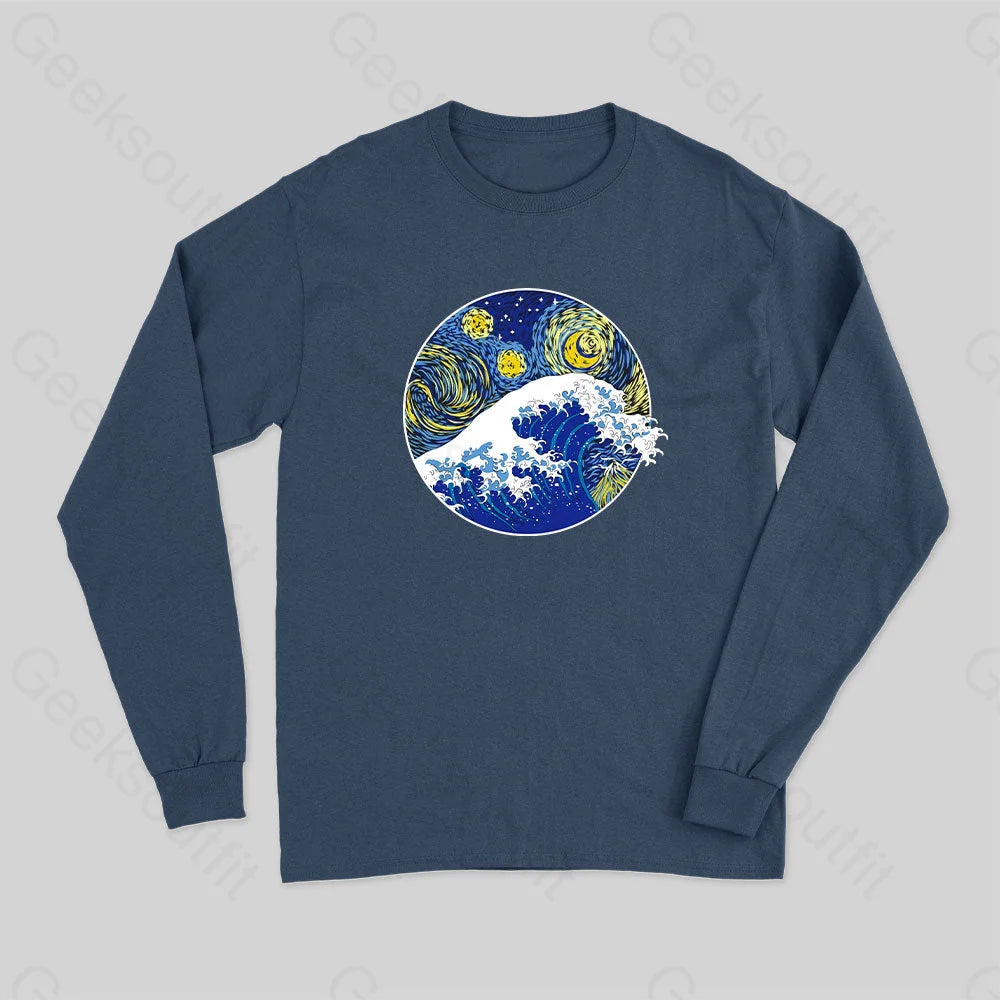 Great Starry Wave Off Kanagawa Long Sleeve T-Shirt Navy / S