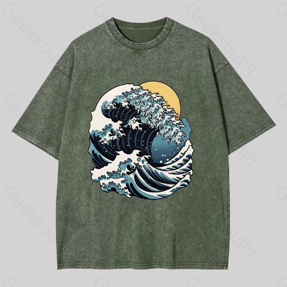 Great Wave Retro Sunset Washed T-Shirt Army Green / S