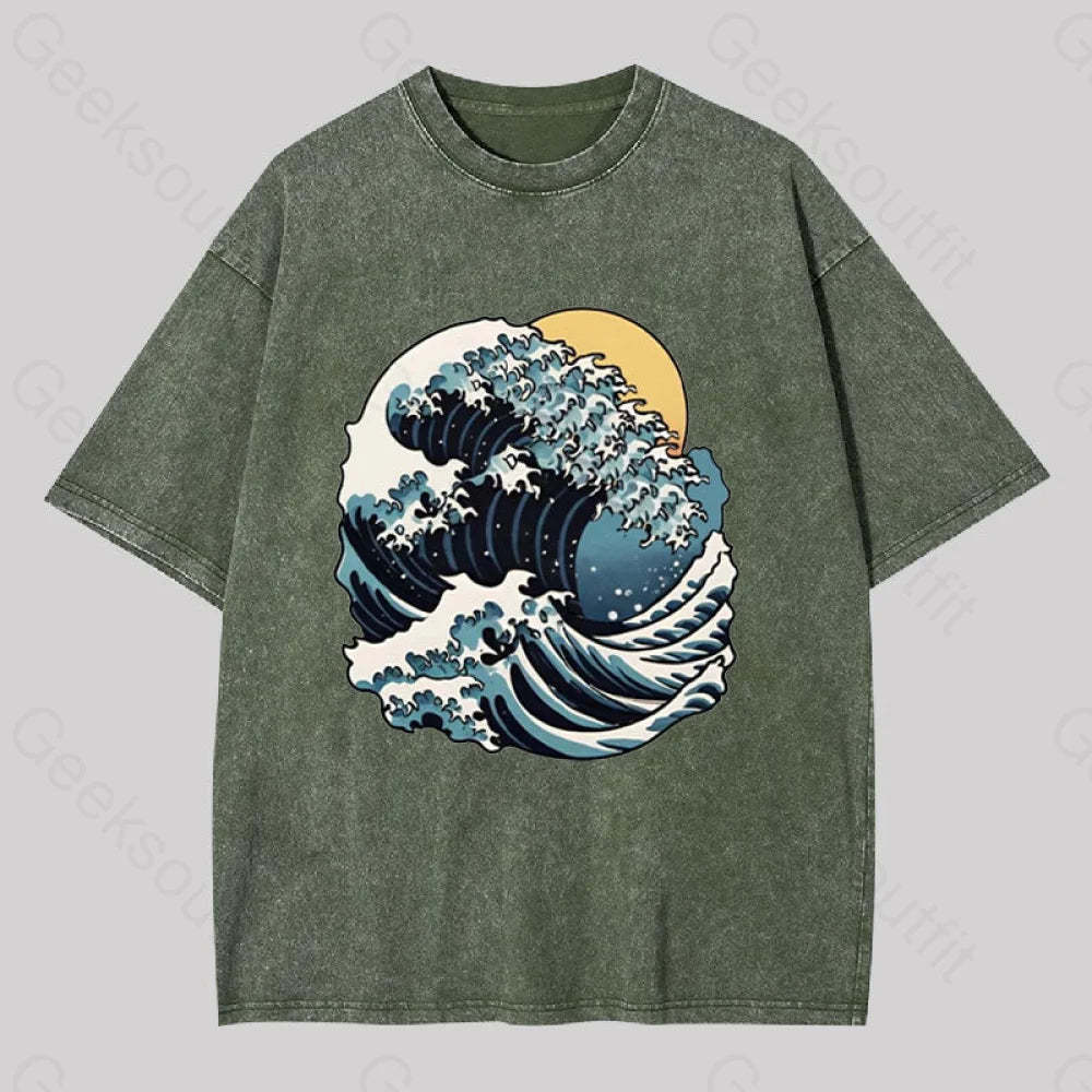 Great Wave Retro Sunset Washed T-Shirt Army Green / S