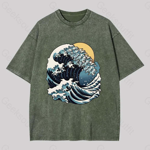 Great Wave Retro Sunset Washed T-Shirt Army Green / S