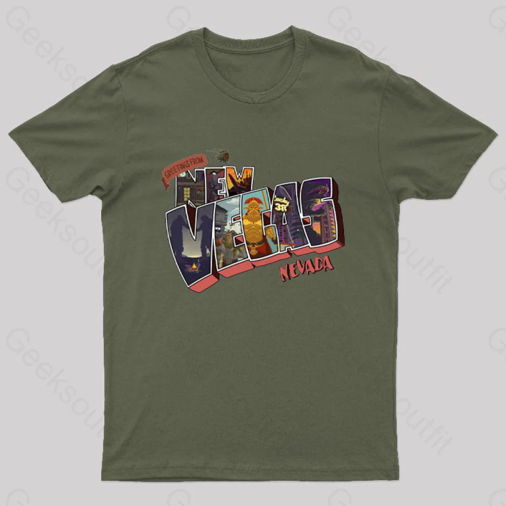 Greetings From New Vegas Geek T-Shirt Army Green / S
