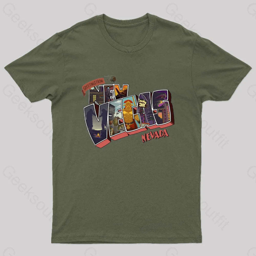 Greetings From New Vegas Geek T-Shirt Army Green / S