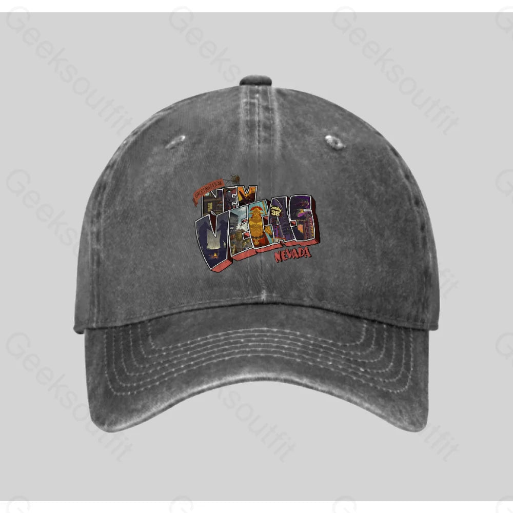 Greetings From New Vegas Washed Vintage Baseball Cap Grey
