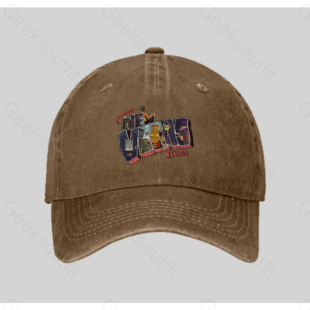 Greetings From New Vegas Washed Vintage Baseball Cap Natural