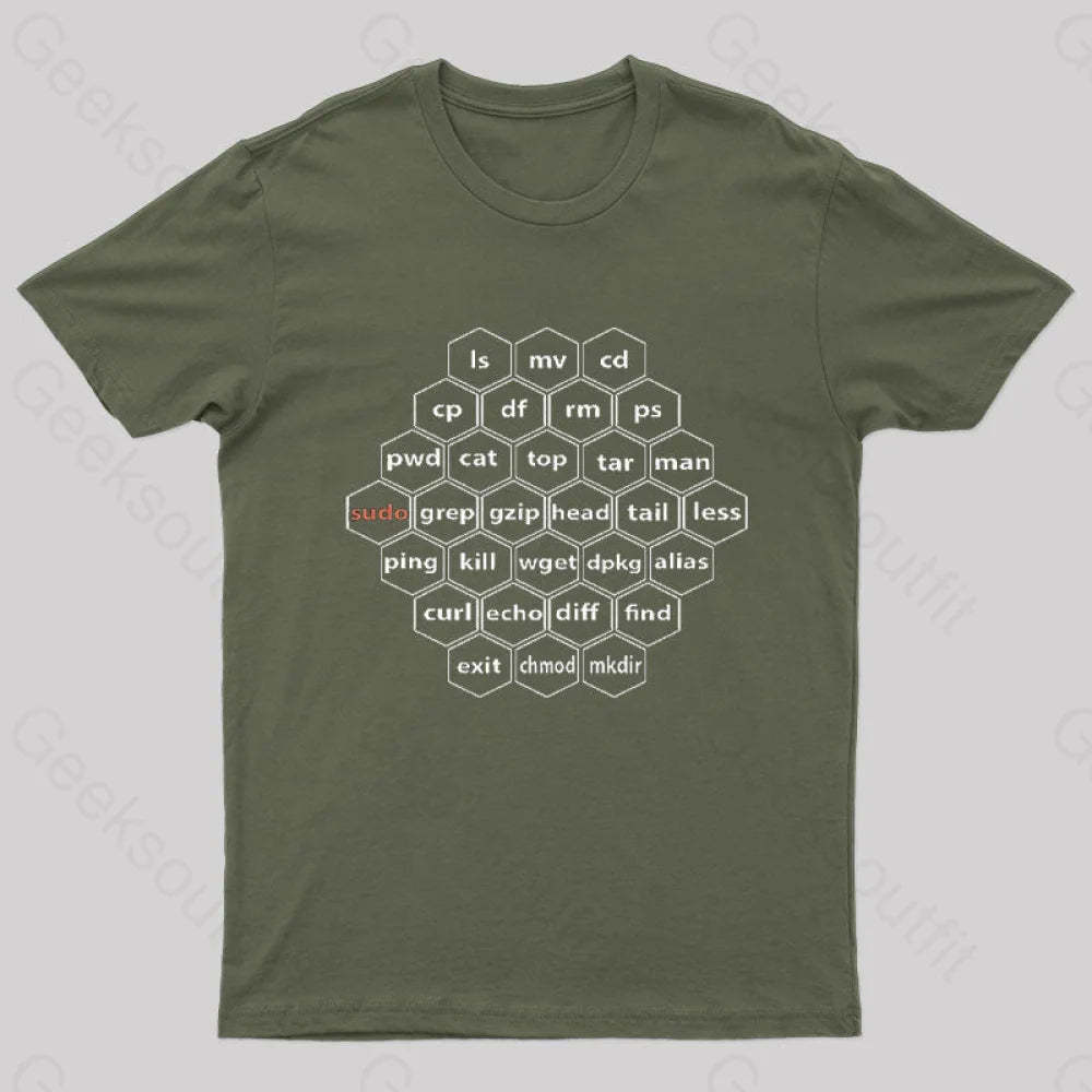Hacker Linux Basic Cli Commands Geek T-Shirt Army Green / S