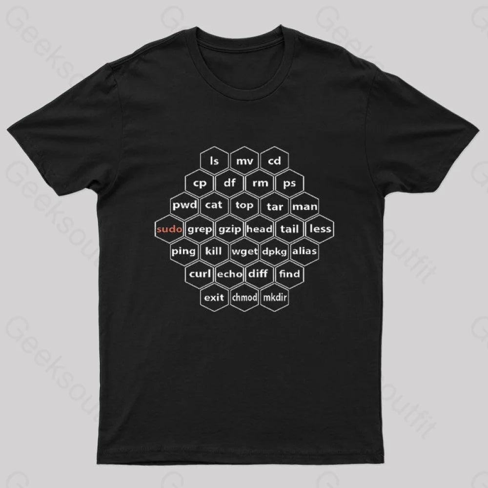 Hacker Linux Basic Cli Commands Geek T-Shirt Black / S