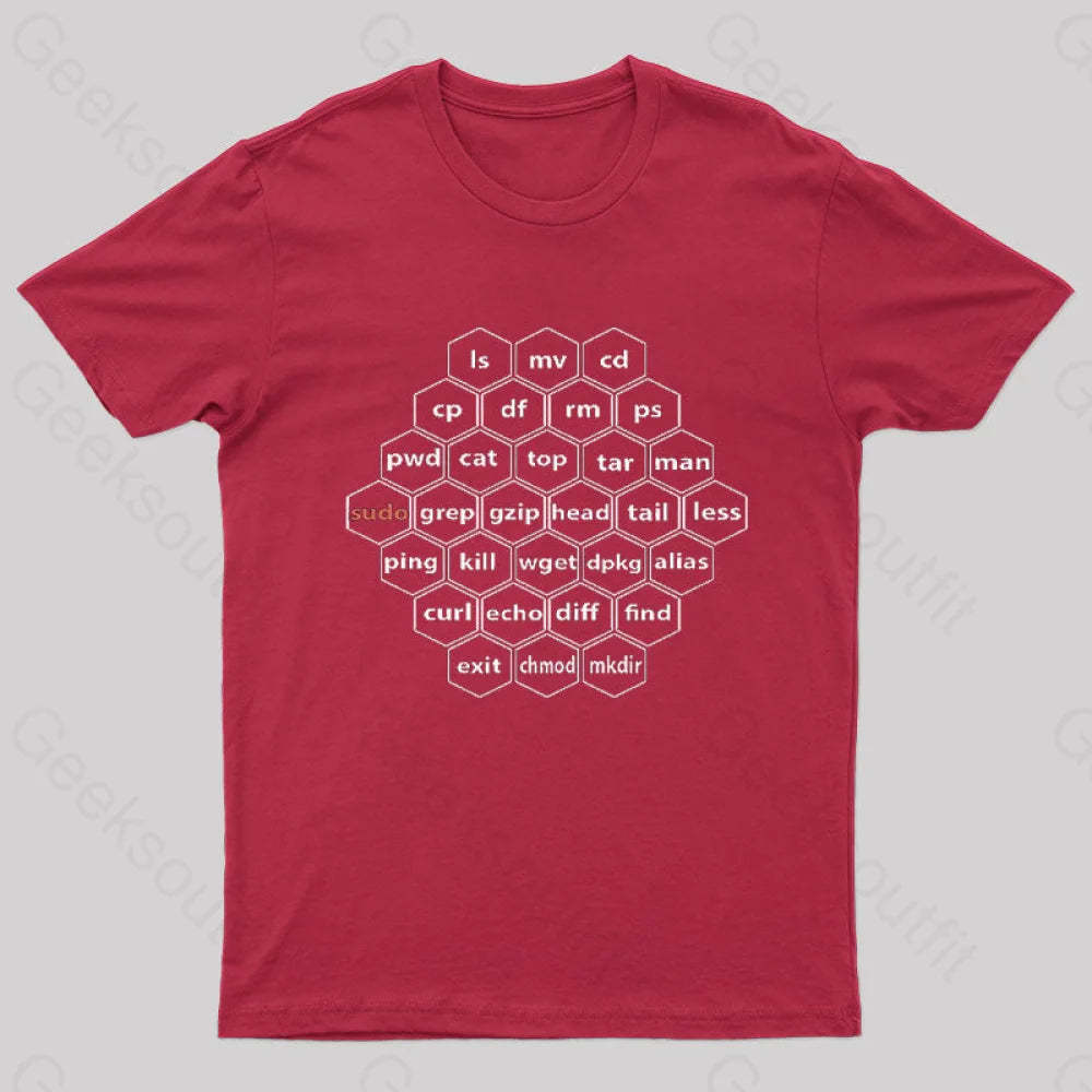 Hacker Linux Basic Cli Commands Geek T-Shirt Red / S