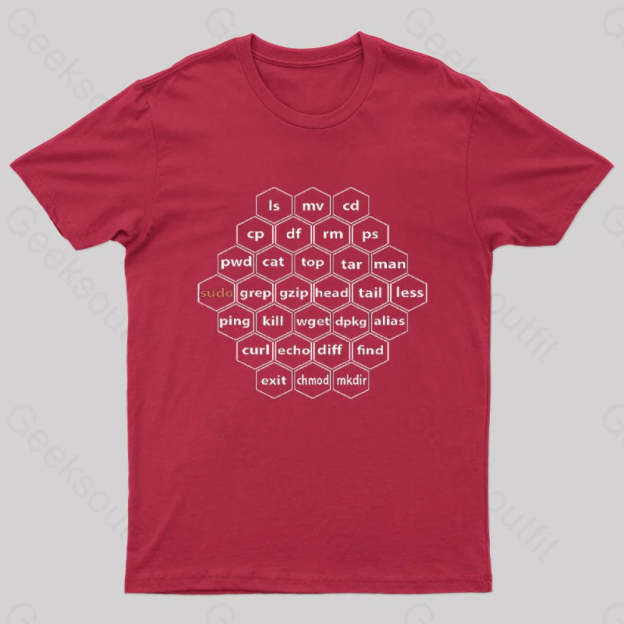 Hacker Linux Basic Cli Commands Geek T-Shirt Red / S