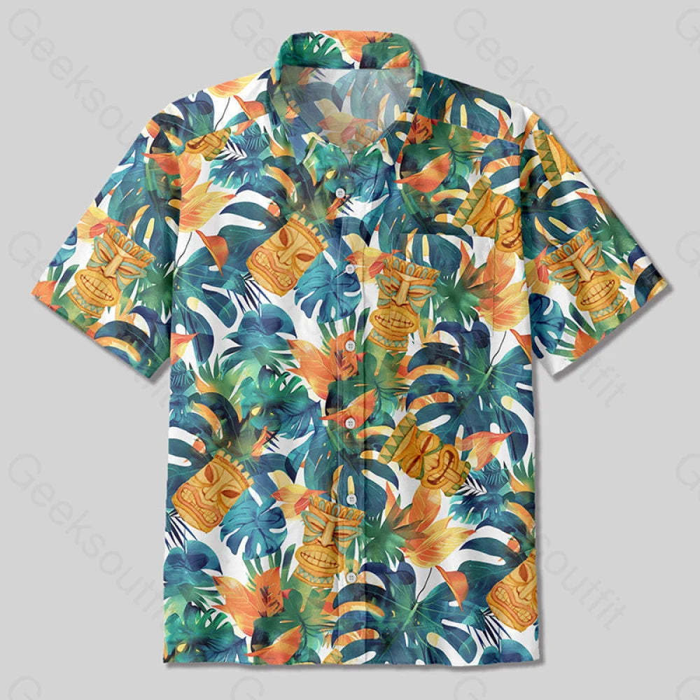 Hawaiian Tiki Mask Button Up Pocket Shirt Up / S Bus599 Yc