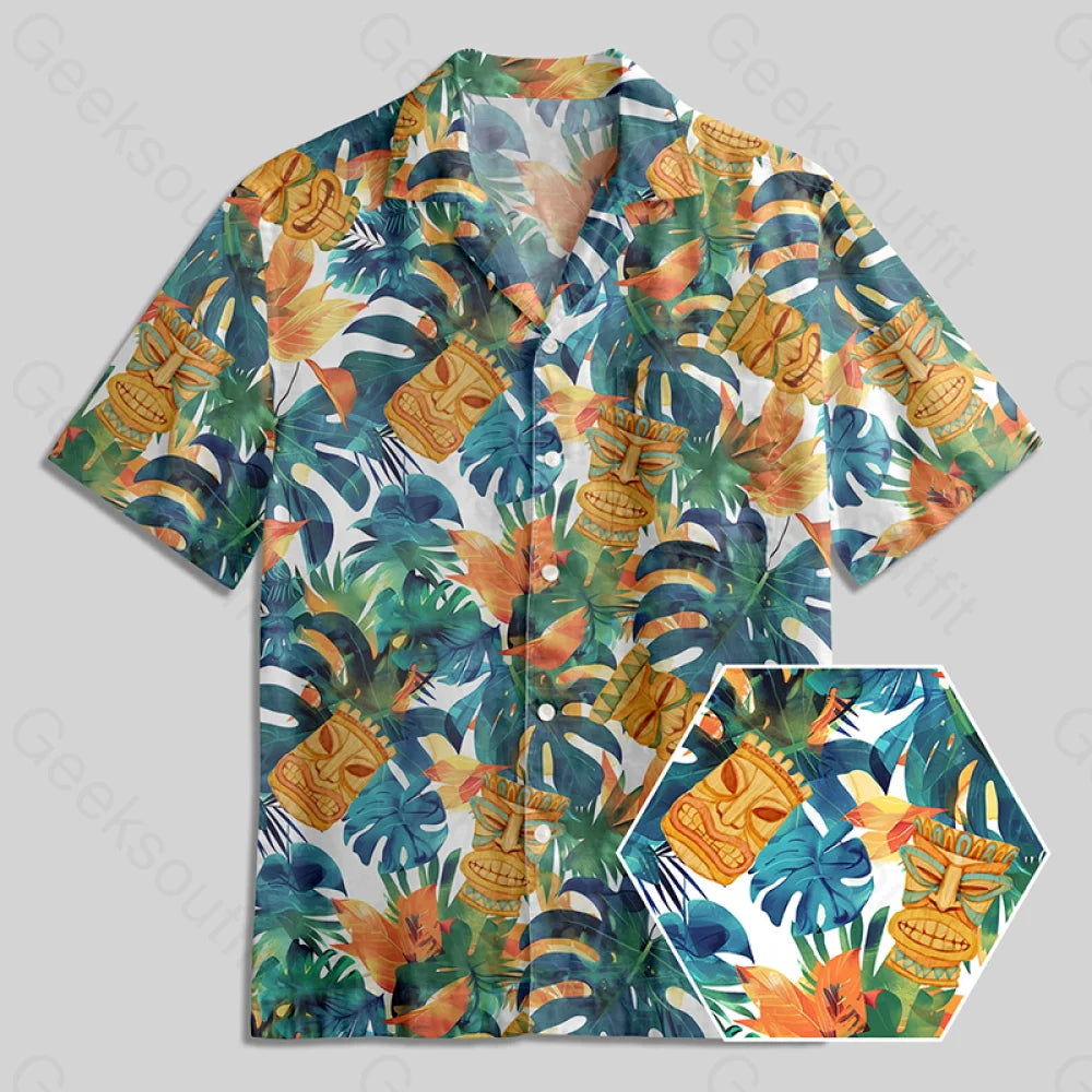 Hawaiian Tiki Mask Button Up Pocket Shirt Yc