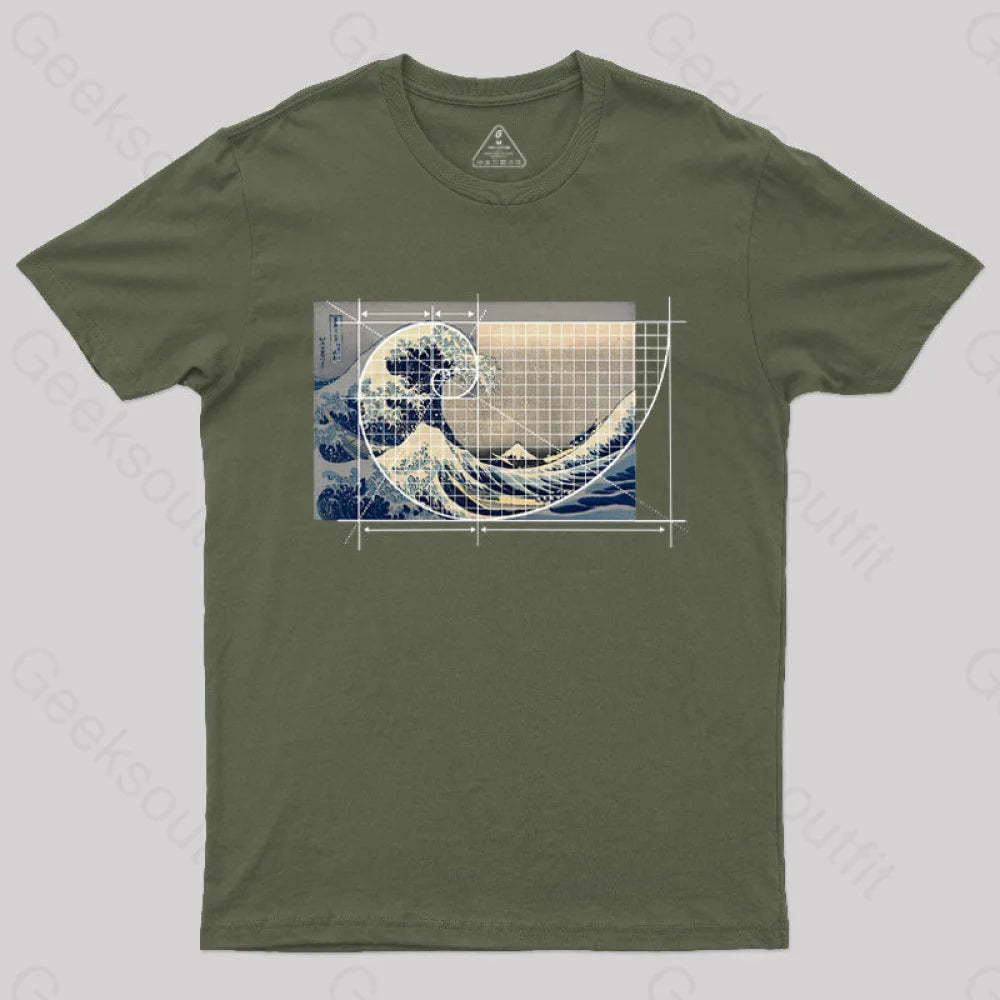 Hokusai Meets Fibonacci Geek T-Shirt Army Green / S