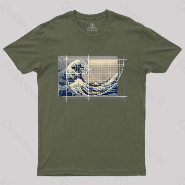 Hokusai Meets Fibonacci Geek T-Shirt Army Green / S