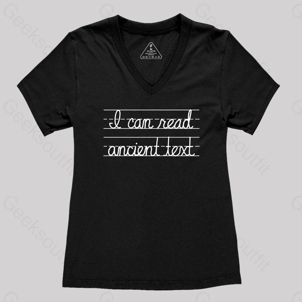 I Can Read Ancient Text Women’s V-Neck T-Shirt Black / S