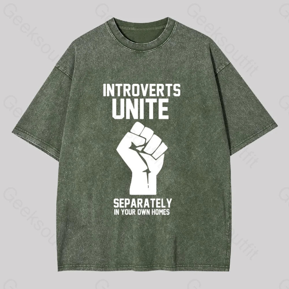 Introverts Unite Washed T-Shirt Army Green / S