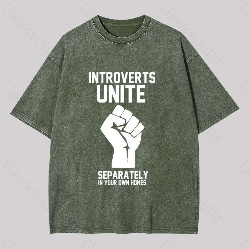 Introverts Unite Washed T-Shirt Army Green / S