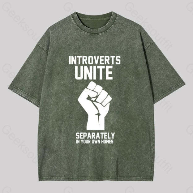 Introverts Unite Washed T-Shirt Army Green / S