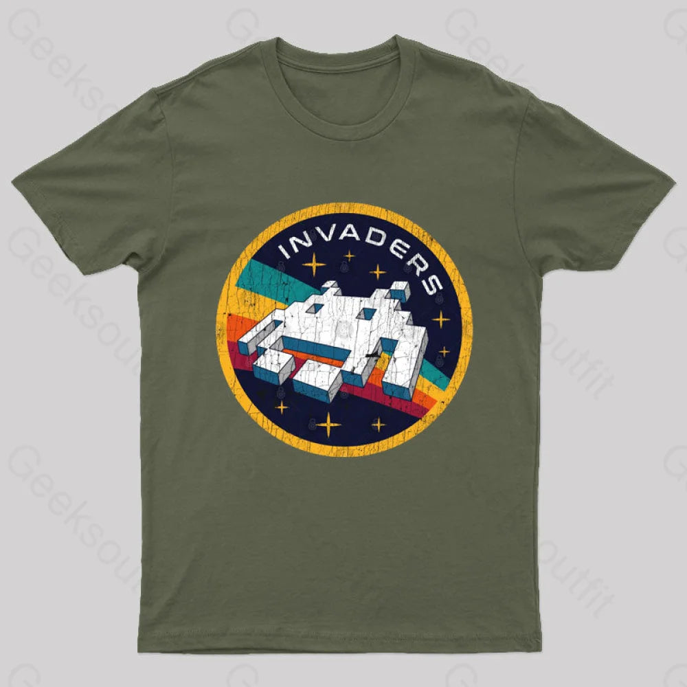 Invaders Video Game Space Patch Nerd T-Shirt Army Green / S