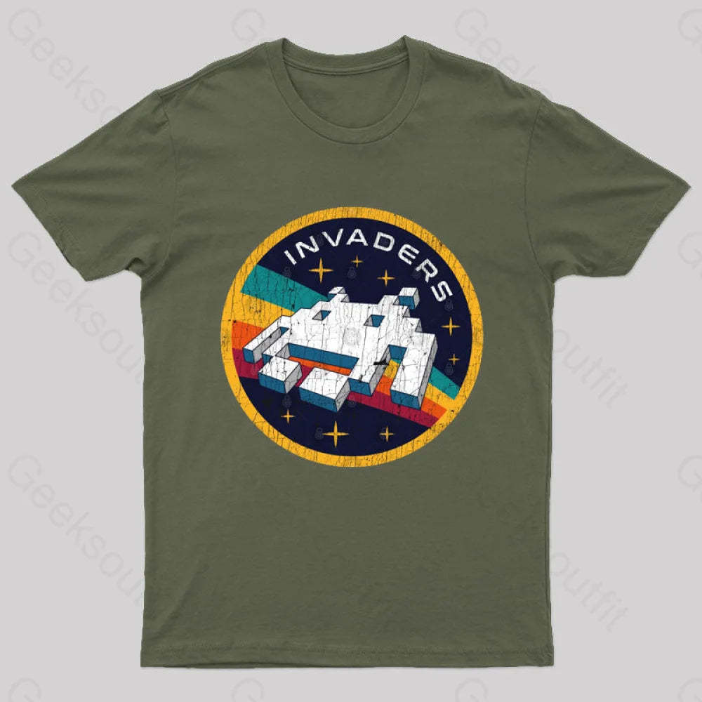 Invaders Video Game Space Patch Nerd T-Shirt Army Green / S